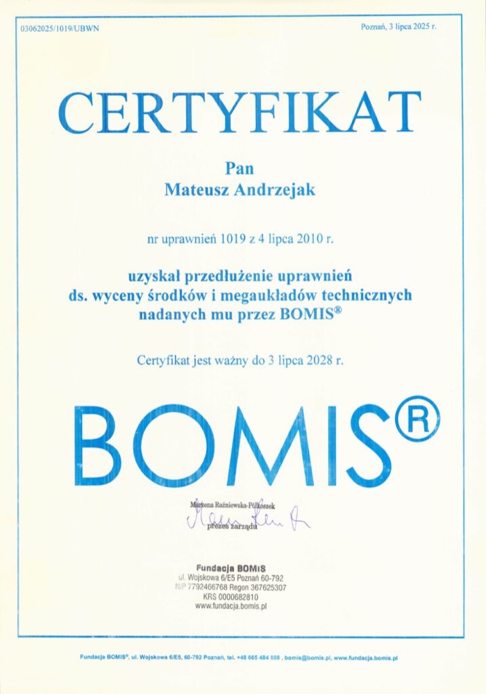 Certyfikat członkostwa w Porozumieniu Rzeczoznawców BOMIS