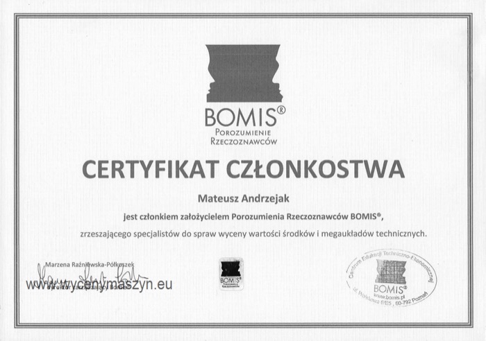 Certyfikat rzeczoznawcy BOMIS ds. wyceny środków i megaukładów technicznych nr 1019