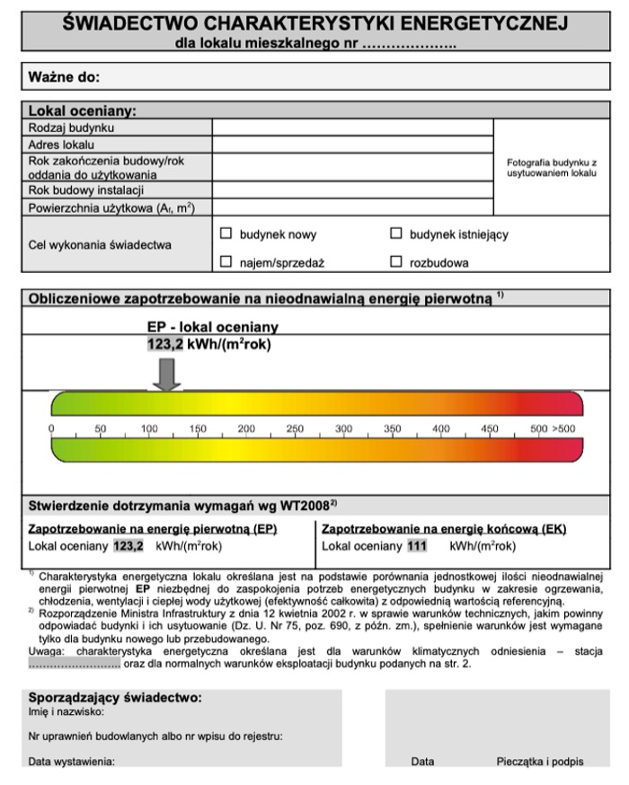 Wzór świadectwa charakterystyki energetycznej budynku